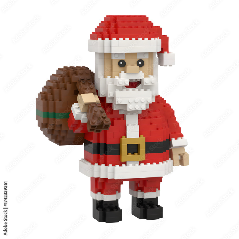 Fototapeta premium Cute Santa Claus Figure Built from Toy Construction Blocks Holding a Sack of Gifts isolated on a transparent background