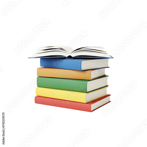 Stack of colorful books with open book on top