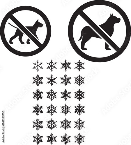 Set of dog prohibition signs and various snowflake icons for winter-themed designs and warnings