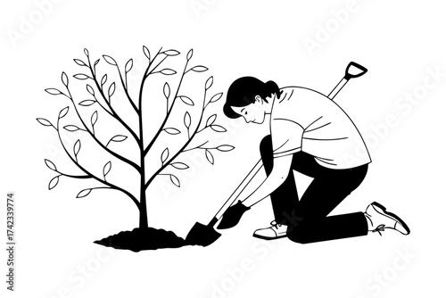 volunteer planting a tree sapling- pure white background