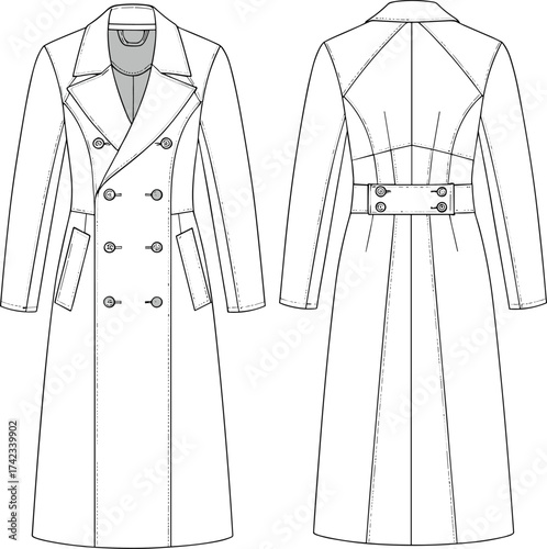 Women’s long double breasted trench coat, technical fashion illustration, apparel design sketch, garment construction drawing, tailored outerwear clothing design, front and back view