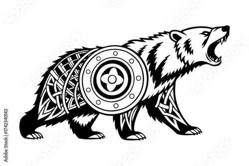 Roaring Bear Head with Ethnic Tribal Patterns in Circular Shield Frame Silhouette Vector Illustration