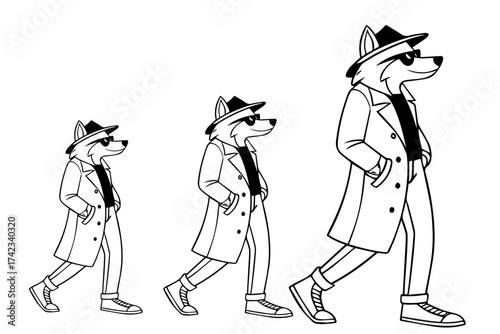 andromorphic fox walking and wear sunglass and coat  and a black hat silhouette pack