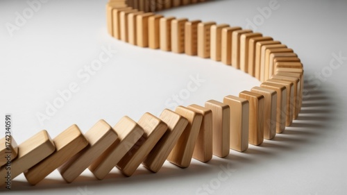 Domino effect concept, wooden dominoes falling in a row isolated on white background, business strategy and risk management
