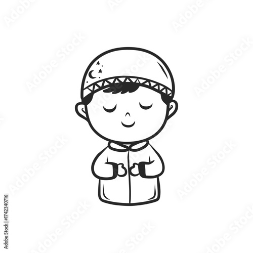 Cute Muslim Boy Praying Doodle Vector Illustration