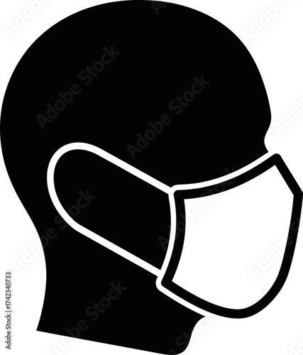 Side profile of a human head wearing a protective face mask. Health and safety concept. Vector icon for public place sign, symbol