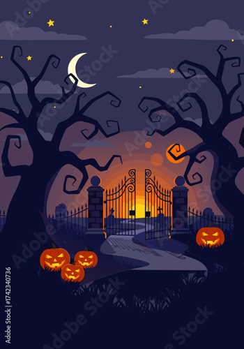 Creepy Halloween Night Landscape with Ornate Gate, Spooky Bare Trees, and Smiling Jack-o'-lanterns under a Crescent Moon