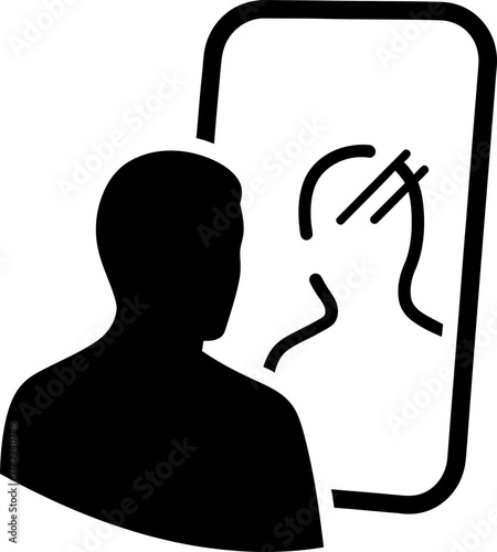 Man looking at himself in a mirror. Self reflection concept. Identity discovery. Vector illustration, psychology icon