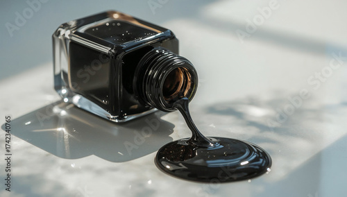 A close-up of an open glass ink bottle with black ink spilling onto a light surface. The scene is illuminated by soft natural light, creating delicate reflections.
