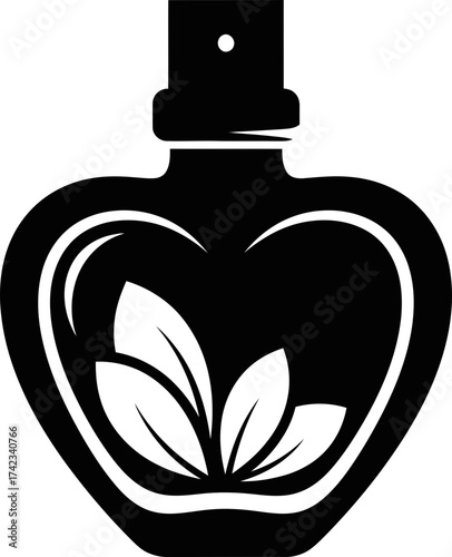 A black perfume bottle icon with three white leaves and a heart shape outline. Organic cosmetic product. Vector illustration for beauty, aroma, natural, spa concept