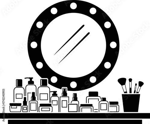 vanity table with makeup mirror and cosmetic product bottles. Beauty product skincare. Black and white silhouette vector icon