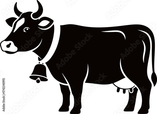 Black and white cow with collar and bell. Farm animal dairy cattle isolated on white background. Milk production concept. Vector illustration for dairy product, agriculture