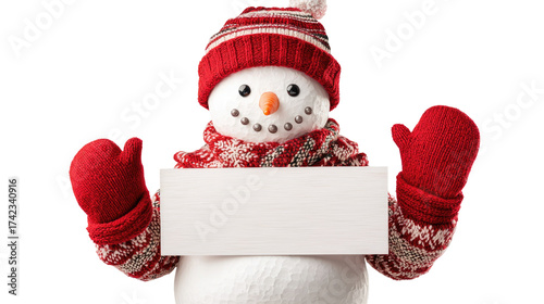 Cheerful Snowman Wearing Red Scarf and Hat Holding Blank Sign