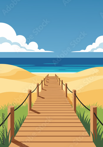 Scenic wooden boardwalk leading visitors on a tranquil journey to a pristine sandy beach and a clear blue ocean under a bright summer sky, perfect for coastal getaways