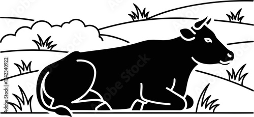 Black cow resting in the field with grass and hill in background, farm animal. Flat simple style. Vector illustration for agriculture, food, nature concept