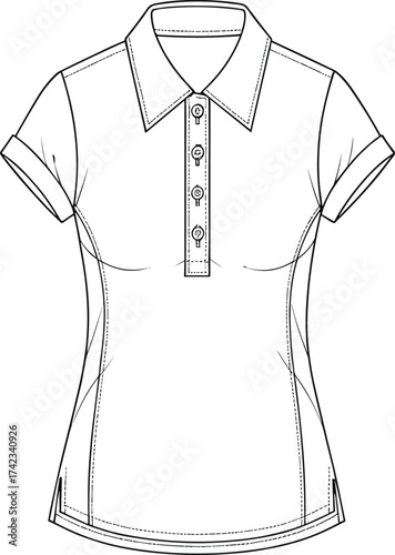 Women’s short sleeve polo shirt, technical fashion illustration, apparel design sketch, garment construction drawing, fitted clothing design, princess seam tailored top