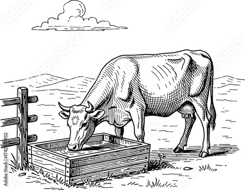 Cow drinking water from wooden trough on farm pasture. Livestock animal, dairy farm concept. Vintage style. Monochrome vector illustration