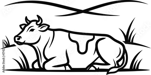 Dairy cow relaxing in field, animal farm emblem, organic milk production. Monochrome vector illustration for food packaging, logo, icon, symbol