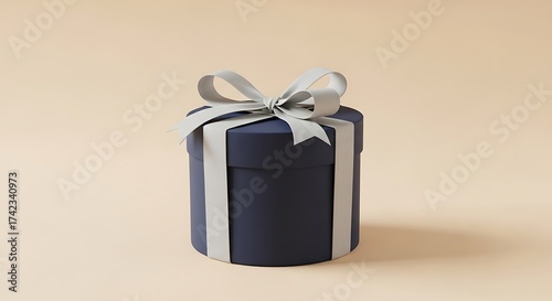 Elegant dark blue cylindrical gift box with silver ribbon