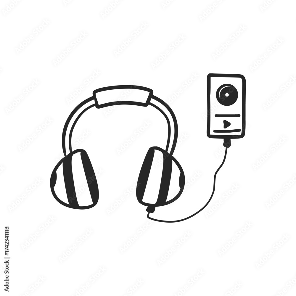 Fototapeta premium Hand Drawn Doodle of Headphones and Portable MP3 Player