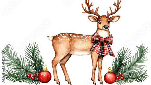 Christmas Decor Featuring a Cute Deer with Ornaments and Pine Branches