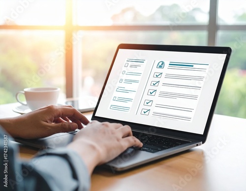 Completing Online Survey or Checklist on Laptop