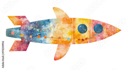 Colorful Rocket Illustration with Cosmic Background and Cheerful Accents