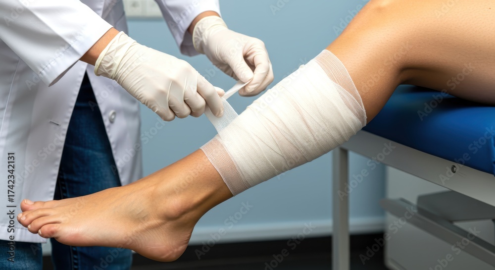 Fototapeta premium Doctor's gloved hands applying an elastic bandage to a patient's leg in a medical setting