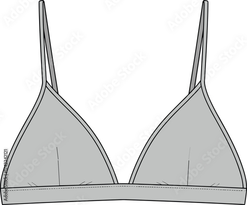 Women’s triangle bralette, technical fashion illustration, apparel design sketch, garment construction drawing, lingerie clothing design, minimal undergarment with vertical seams