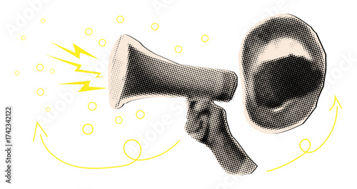 Screaming open mouth and hand holding loudspeaker with halftone texture,modern collage design with cut out elements from paper