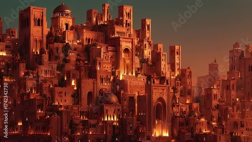Stunning sunset over ancient city with glowing lights