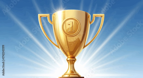 Golden trophy gold cup, an award for the winner champion representing success, victory, achievement, and first place