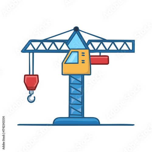 Cartoon tower crane illustration for construction industry and building site concepts. Simple flat vector icon.