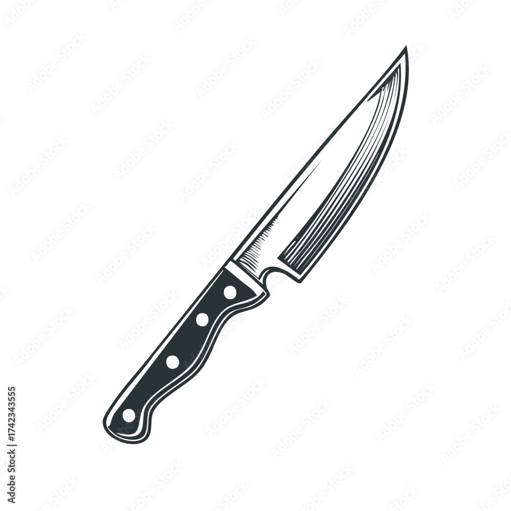 Fototapeta premium Hand Drawn Illustration of a Sharp Chef's Knife, Black and White Kitchen Utensil Engraving