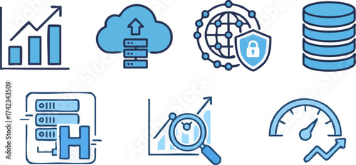 Data Analytics and Cloud Computing Icons Growth, Security, and Server Management