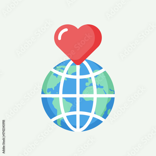 A stylized red heart rests atop a blue and green illustrated globe, symbolizing global love, care, and unity for the planet.