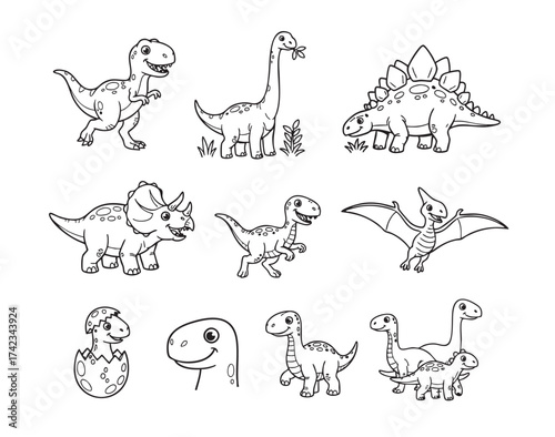 Fun set of cartoon dinosaur characters in simple black and white outline, great for children's books or apparel. Vector.