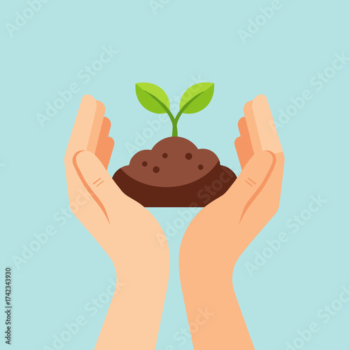 Two cupped hands gently cradling a small green seedling emerging from a mound of rich brown soil, symbolizing growth and nurturing against a soft blue background.