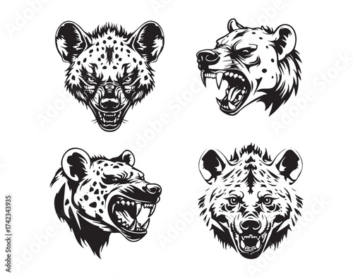 Vector of collection of hyena heads in a fierce, aggressive mascot style with open jaws and detailed features.