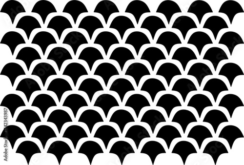 Black and white seamless scallop pattern with overlapping arches. Elegant geometric design perfect for fabric, wallpaper, wrapping paper, and modern backgrounds.