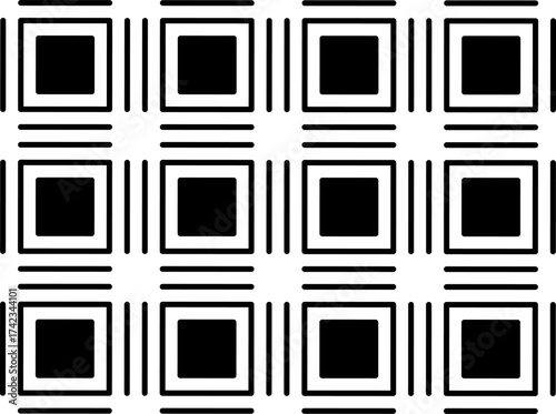 Seamless geometric pattern with black and white squares forming a modern optical illusion design. Perfect for backgrounds, textiles, and digital art.