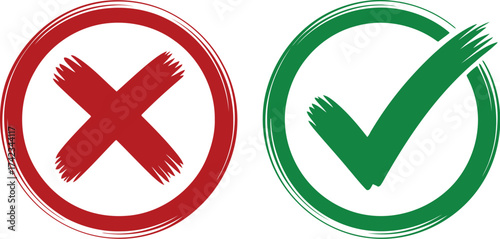 Green check mark and red cross icons in circular outline representing correct and wrong symbols, approval and rejection signs, decision or validation concept illustration