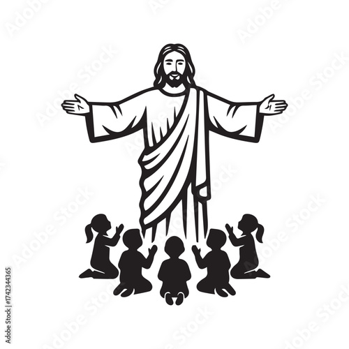 Jesus Christ Blessing a Group of Children, Christian Religious Silhouette. Savior with Kids, Sunday School Vector Graphic.
