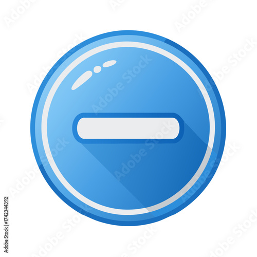 Minus Symbol in Blue Gradient Circle Represents Subtraction or Removal, Glossy Interface Button