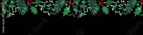 Vector christmas decorative border with green twigs, holly and mistletoe in seamless pattern on black background