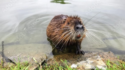 Nutria wild animal on the shore of the lake close up view