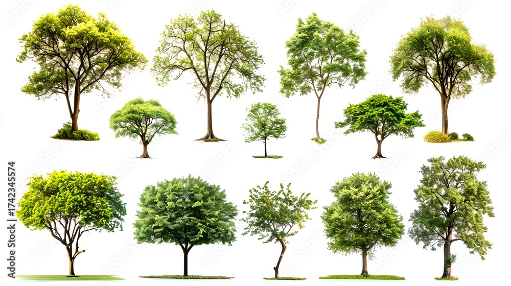 Fototapeta premium a variety of different trees arranged on isolated background. A diverse array of verdant trees, a symbol of nature's beauty and growth
