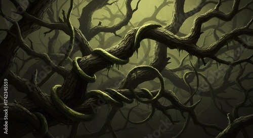 Tangled Mysteries: Dark Fantasy Forest Canopy with Overgrown, Intertwined Branches and Eerie Green Light