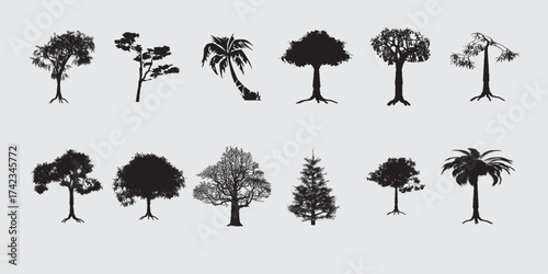 Set of black silhouettes of trees