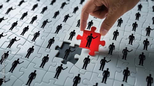 Hand placing a red puzzle piece with a person icon into a jigsaw puzzle filled with black person icons, symbolizing recruitment and individuality